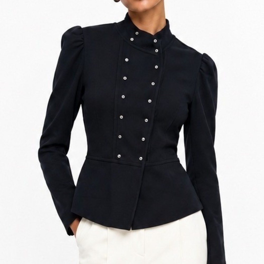 White House Black‎ Market Military Cardigan Jacket Black Puff Sleeve Peplum XS